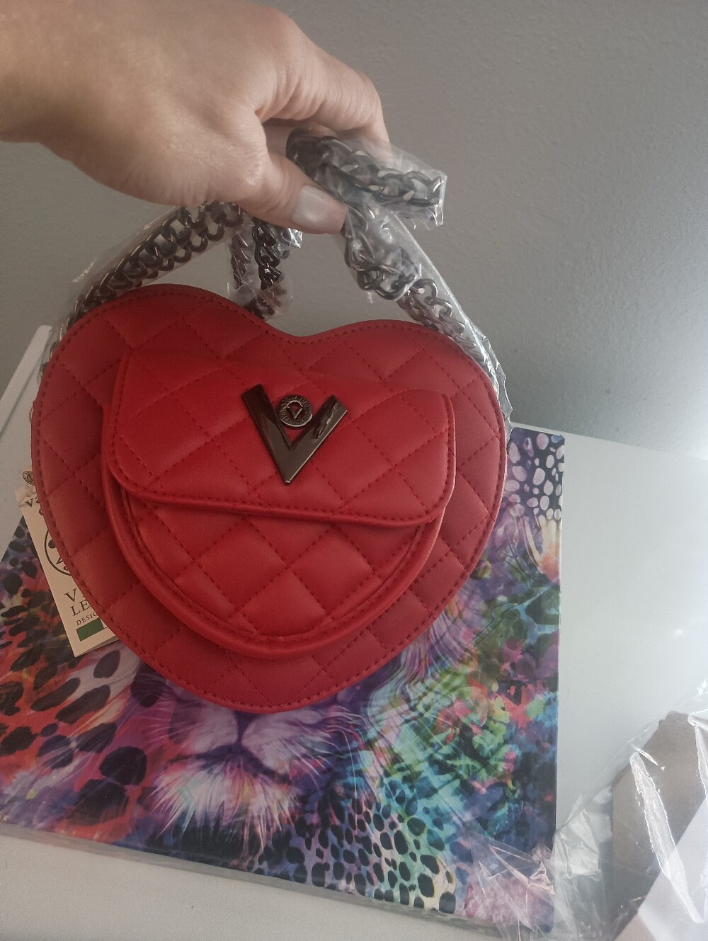Red Quilted Heart Crossbody Bag - V Logo